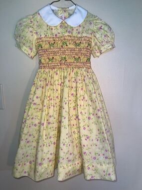 Vintage Girls Yellow Floral Smocked Dress with White Peter Pan Collar